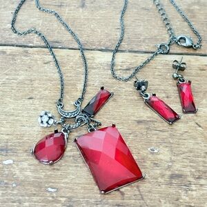 Avon Y2K Gothic Ruby Red Statement Drop Necklace Earring Set Black Chain 26” NIB